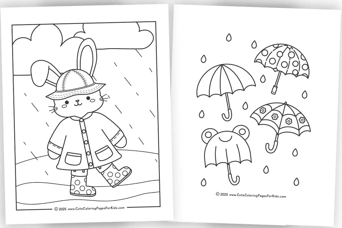 rainy day coloring pages for kids, preschool and up, with umbrellas and cute animals in the rain
