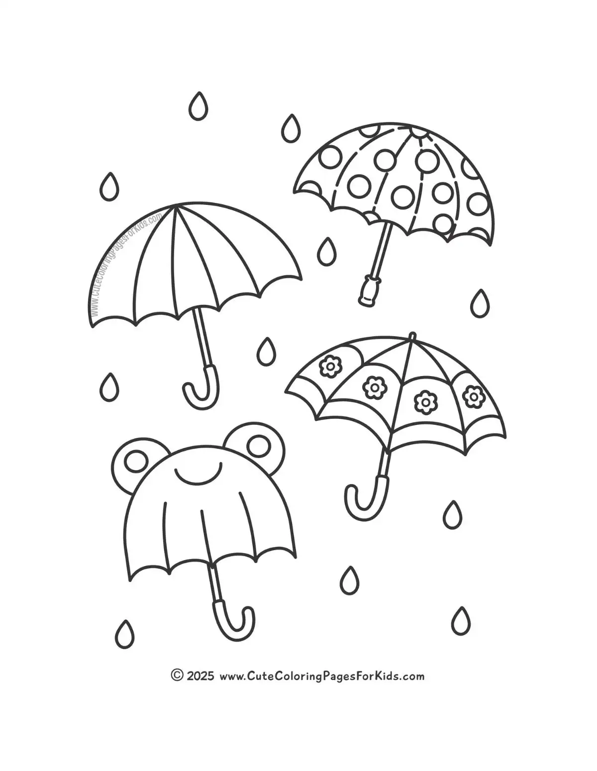 coloring page with four cute umbrellas in different patterns to color