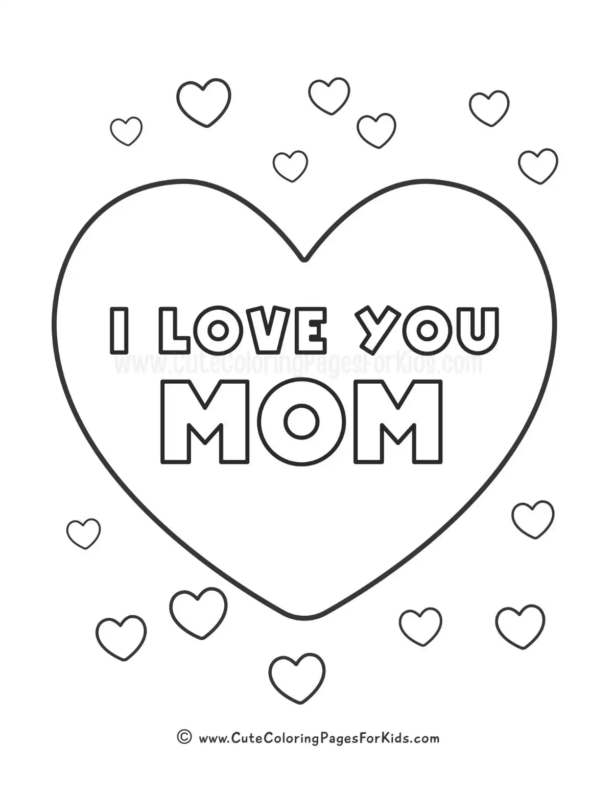 easy mother's day coloring page for kids with word I love You Mom