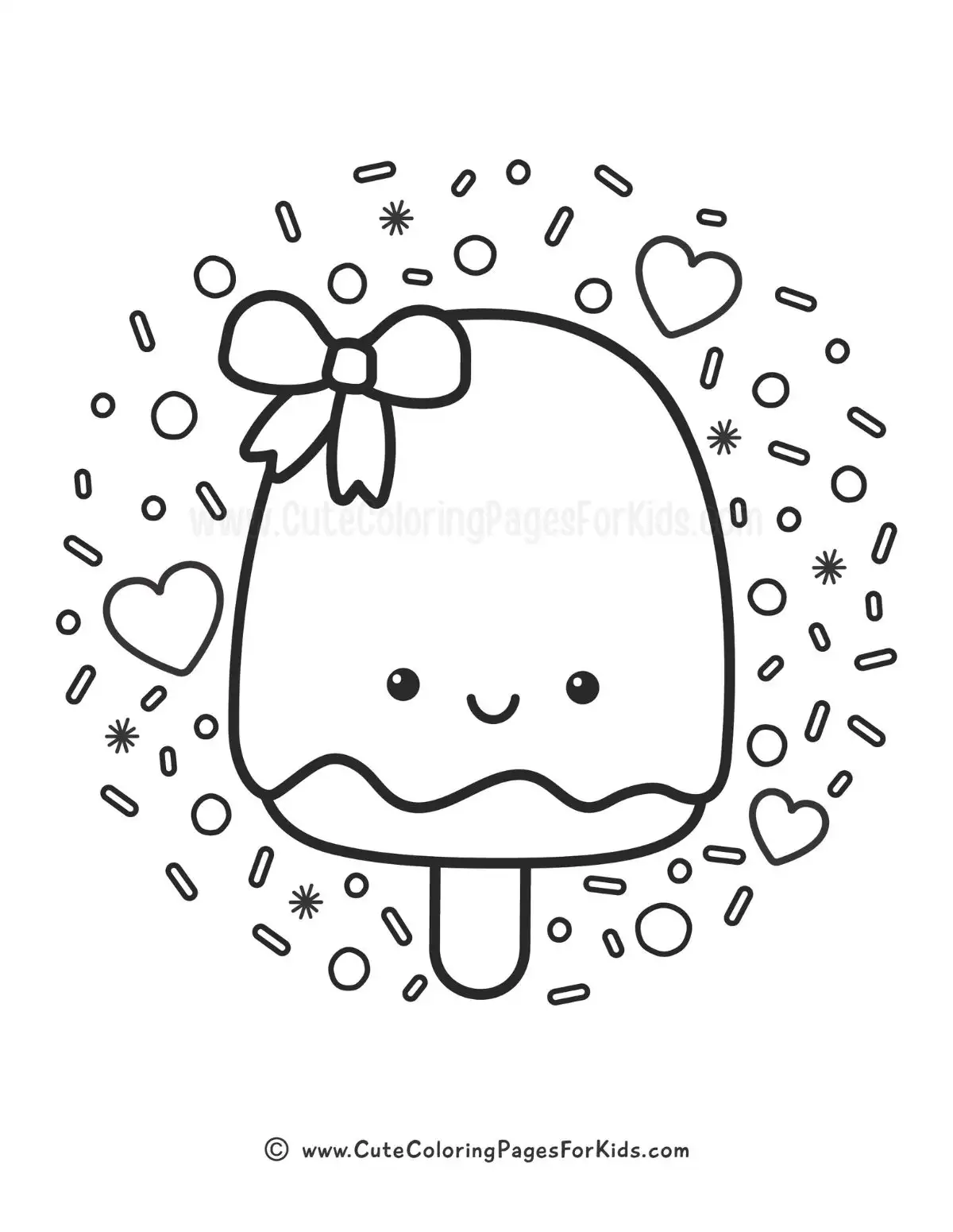coloring page of cute popsicle wearing a bow surrounded by sprinkles and hearts