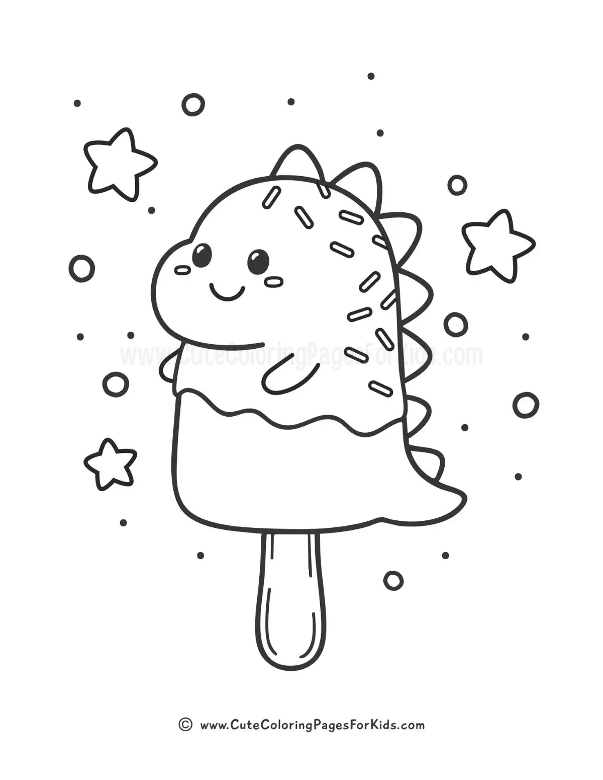 coloring page with picture of a cute and simple dinosaur shaped popsicle surrounded by stars