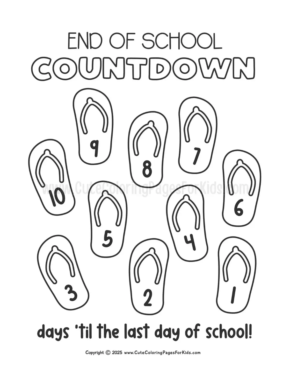 end of school countdown coloring page with flip flops and countdown from 10 days up to the last day of school