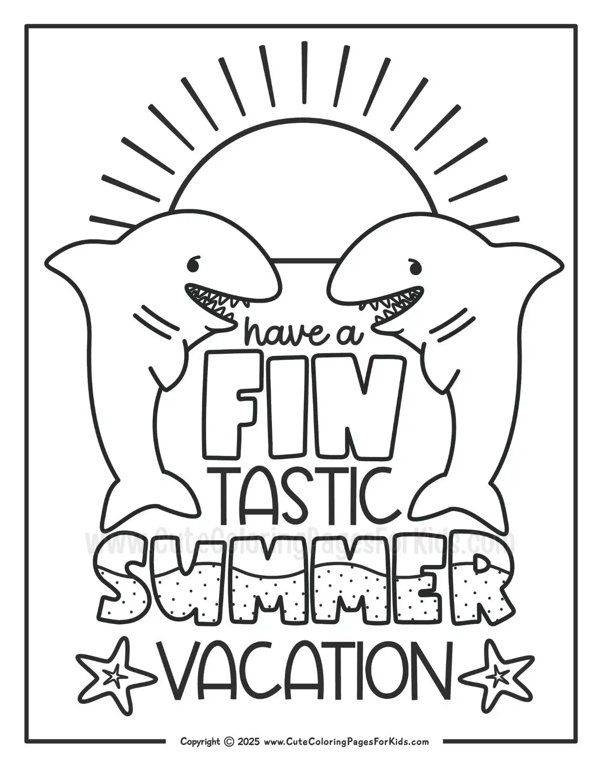 cute coloring page with the words Have A Fin-Tastic Summer and illustration of two sharks in front of a sunset