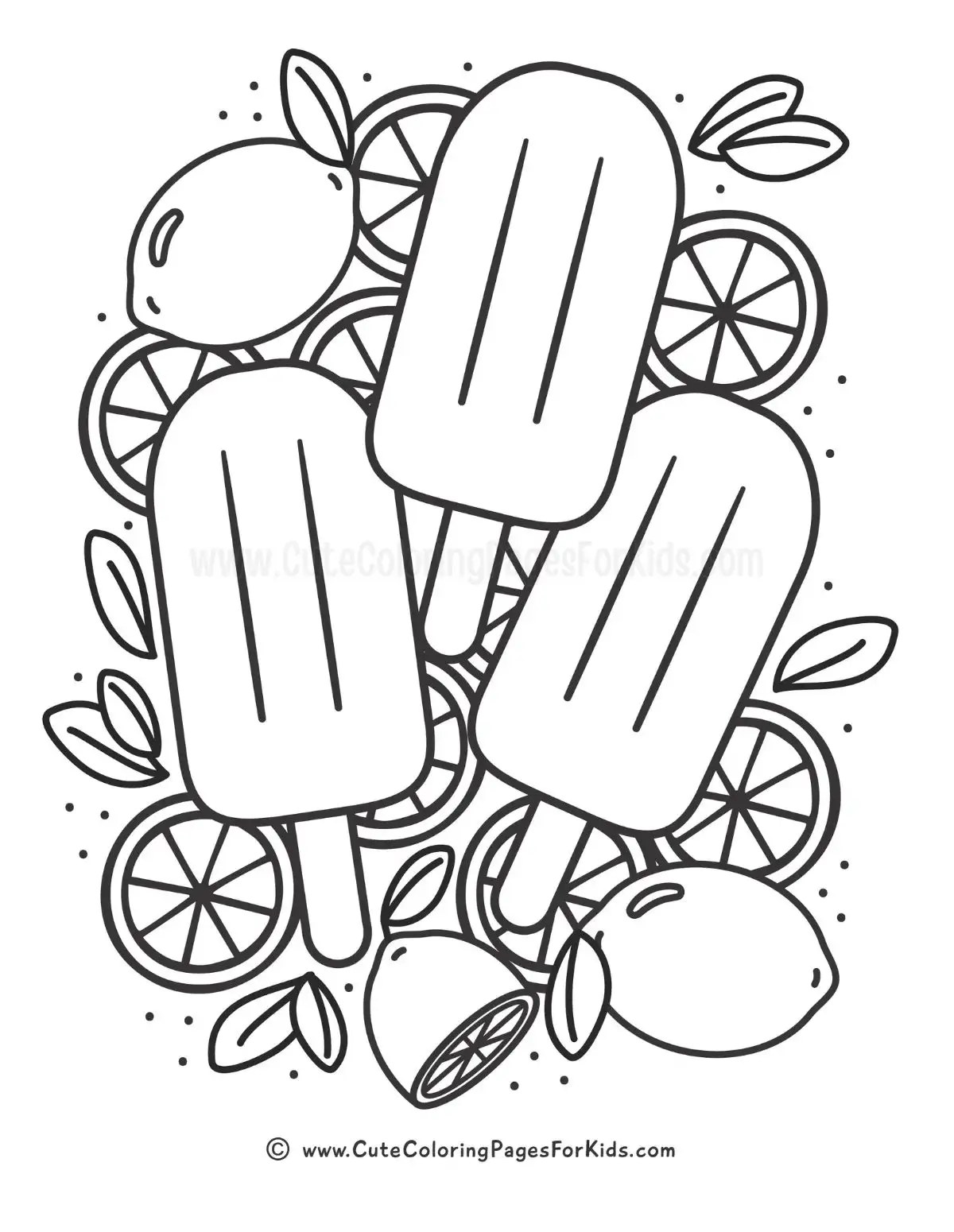 coloring page with illustration of three popsicles on top of lemon slices with lemons all around