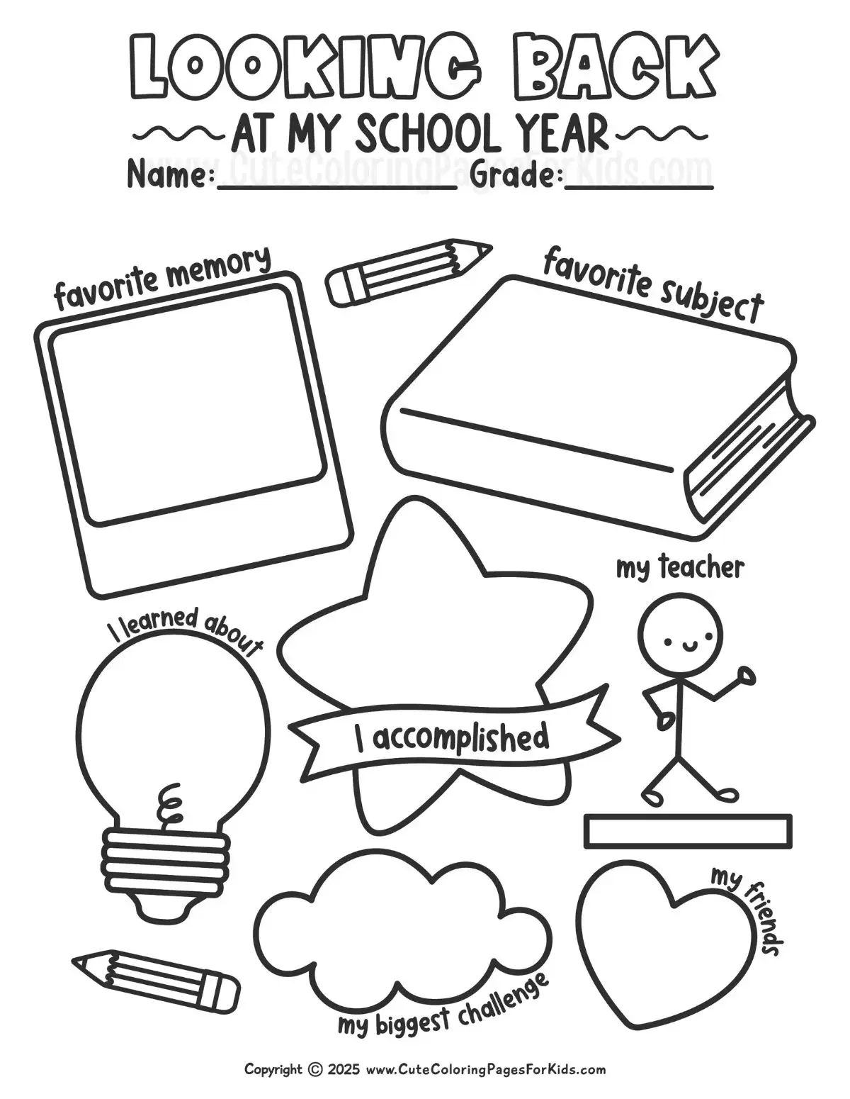 School Year in Review printable sheet in black and white