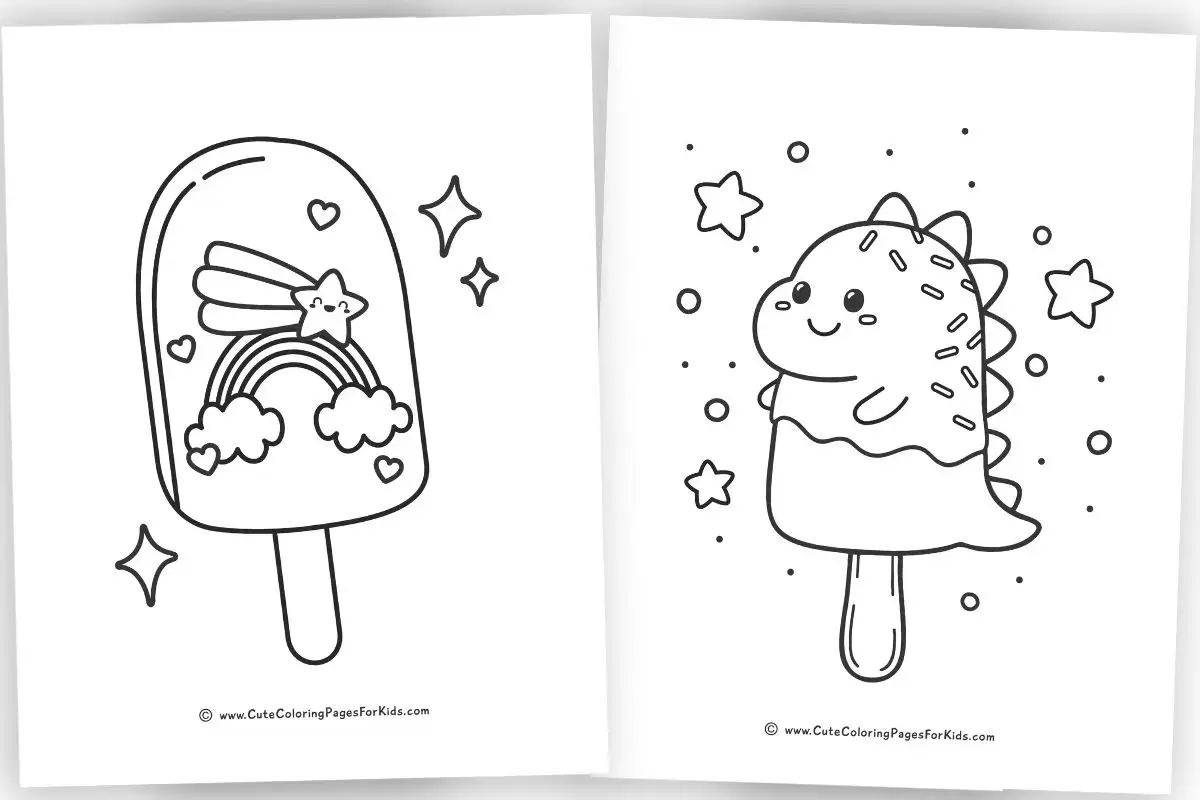 two popsicle coloring pages for kids - one with rainbow and shooting star, the other with a dinosaur popsicle
