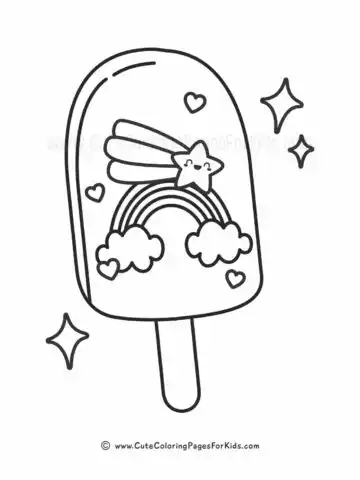 coloring page of a popsicle with a rainbow and shooting star on it