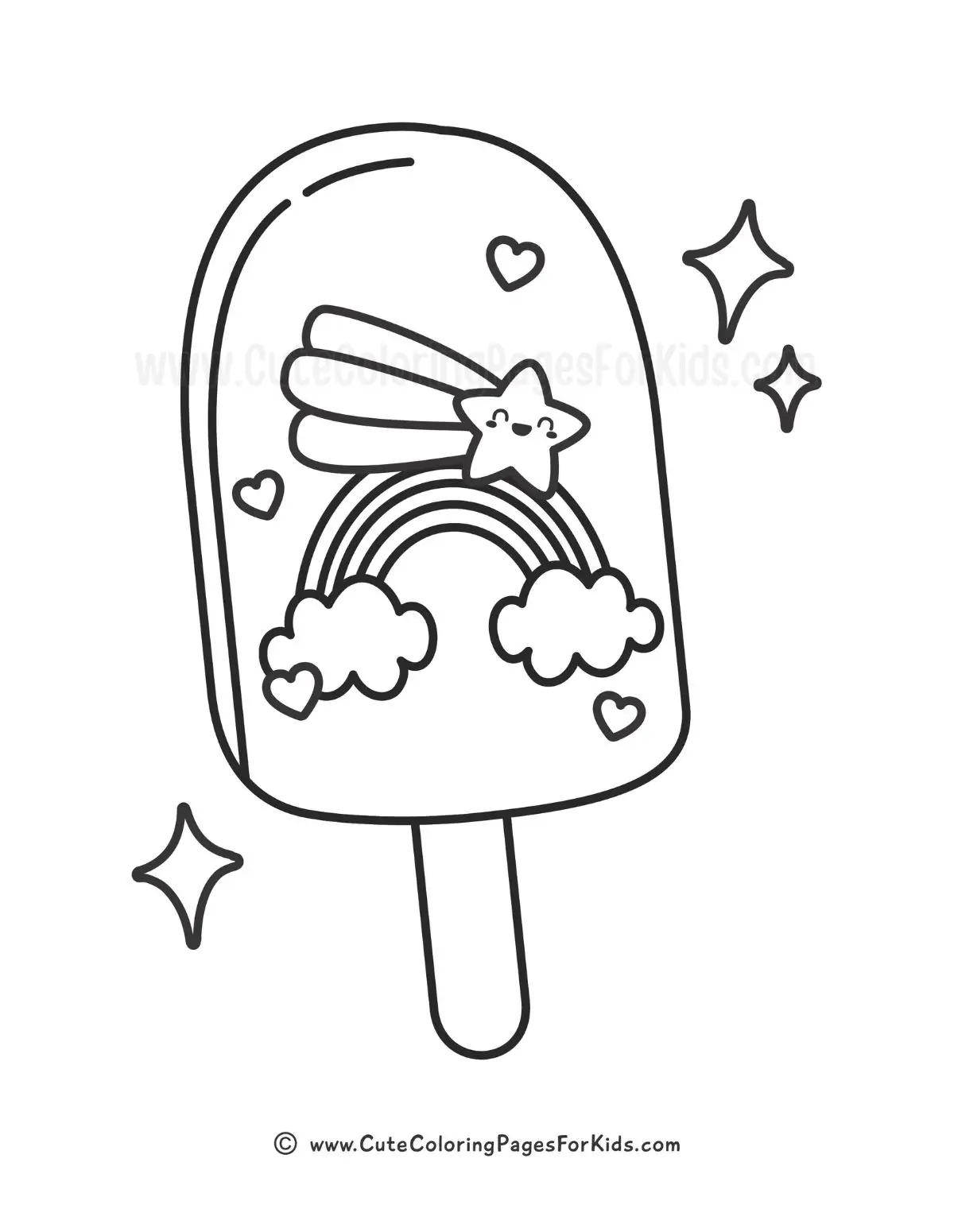 coloring page of a popsicle with a rainbow and shooting star on it