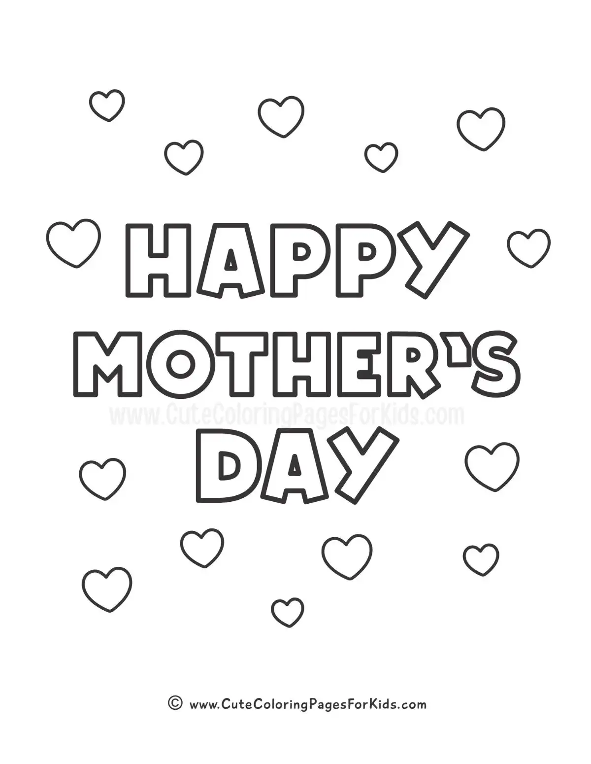 simple happy mother's day coloring page with words and hearts