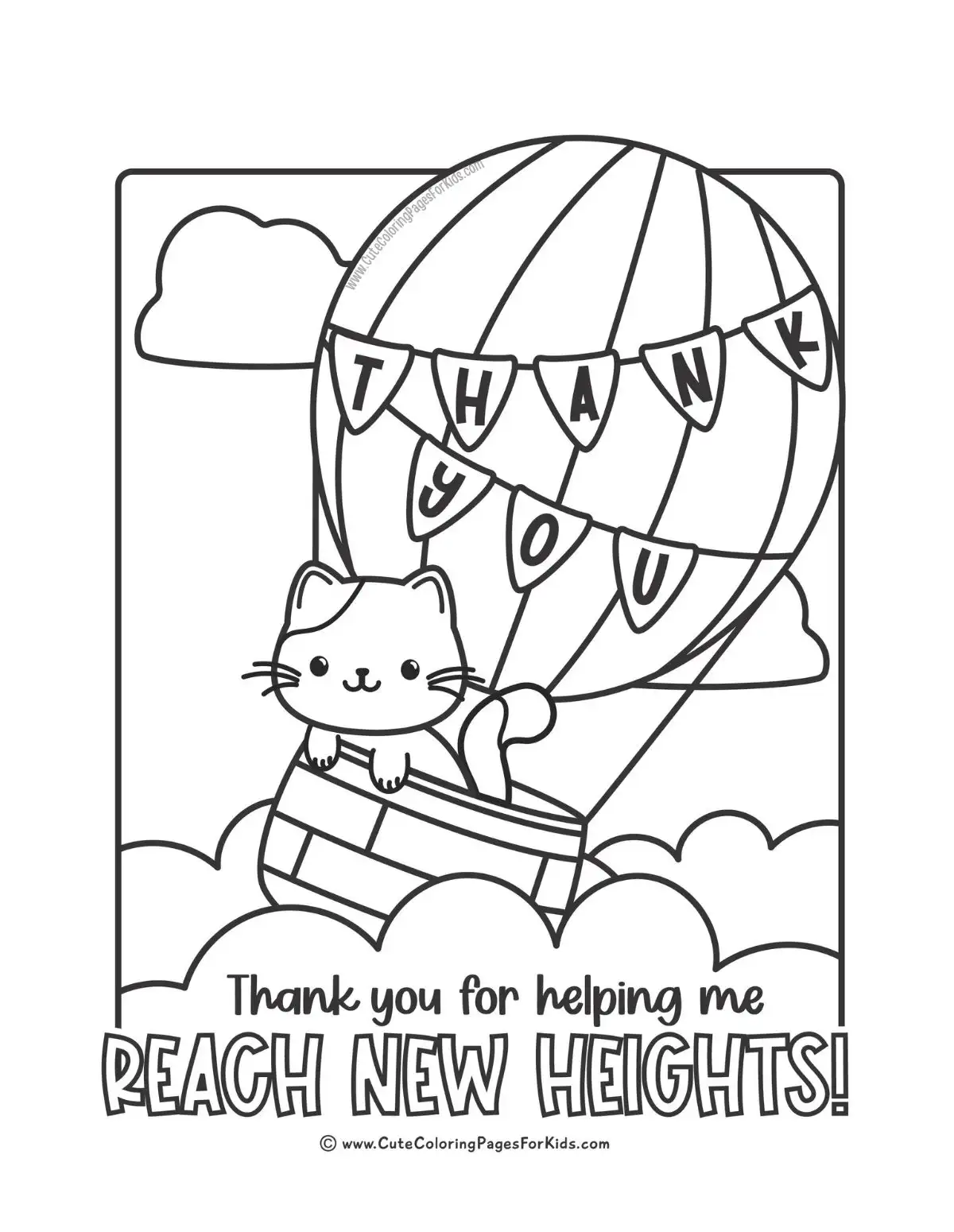 teacher appreciation coloring page with cute cat in a hot air balloon and words "thank you"