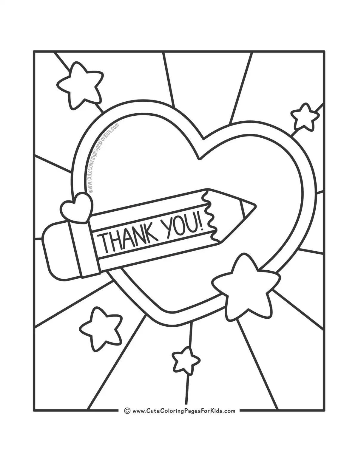 simple teacher appreciation coloring sheet with a pencil and large hearts and stars with the words Thank You.