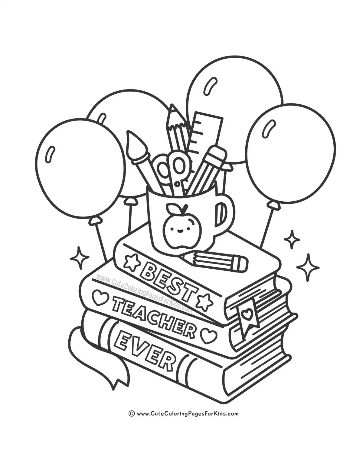coloring page for teacher appreciation with books and Best Teacher Ever words.