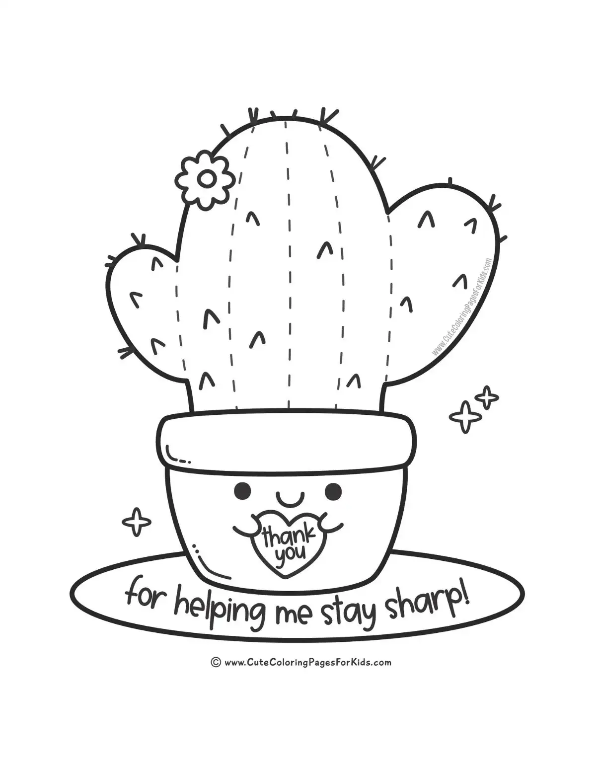 easy teacher appreciation coloring page for toddlers and preschoolers with picture of a cute cactus and the words thank you for helping me stay sharp.