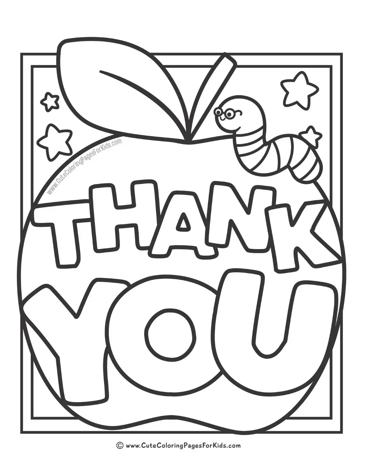 Thank you coloring page with apple and cute worm for teacher appreciation week