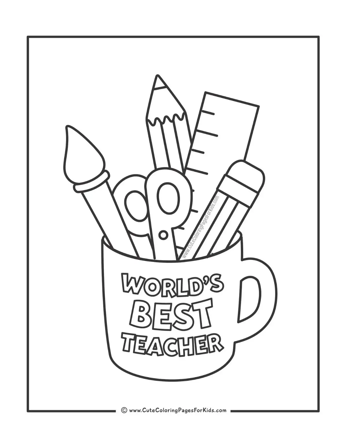 world's best teacher mug with supplies coloring page