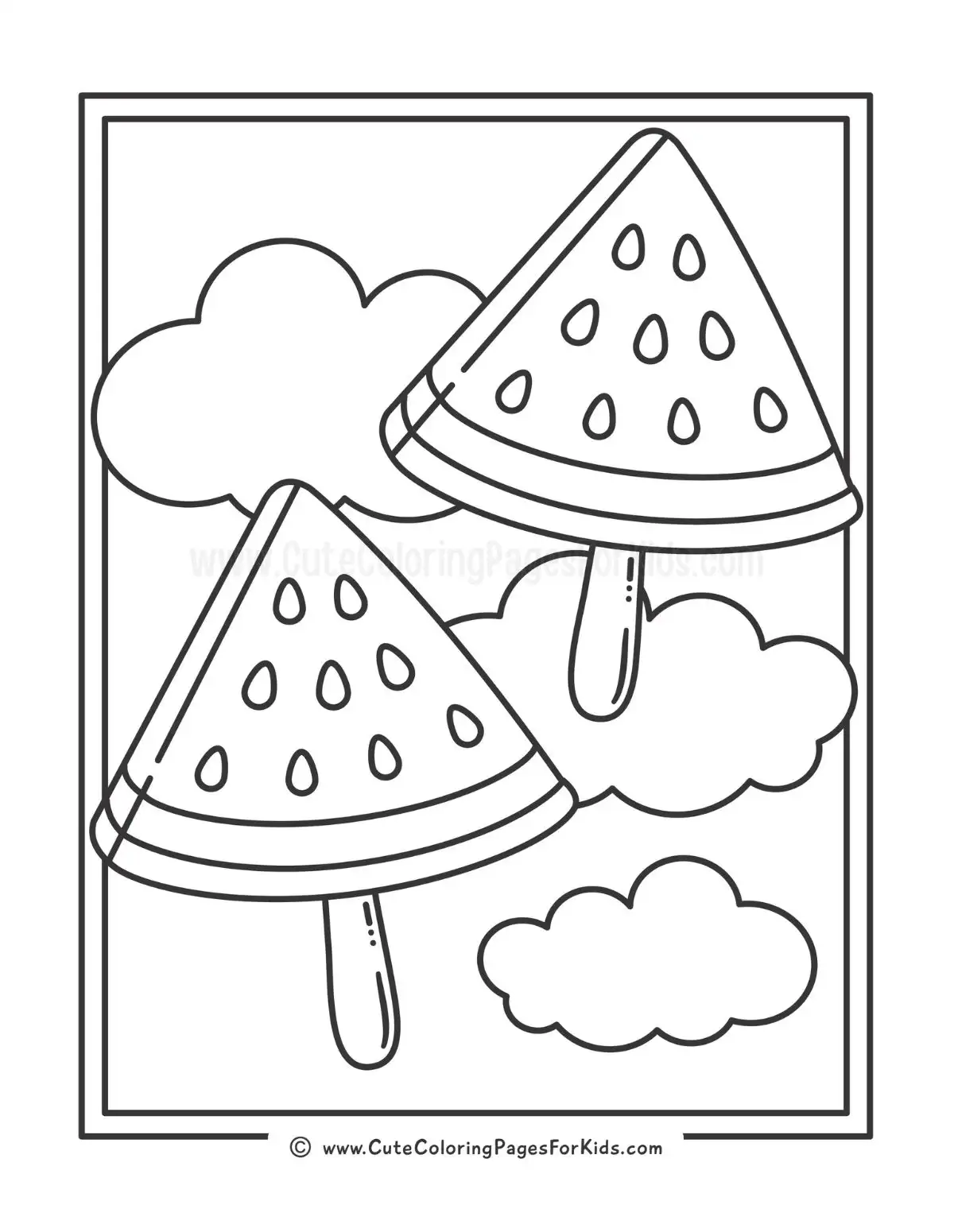 coloring page with drawings of two watermelon pops, and clouds in the background