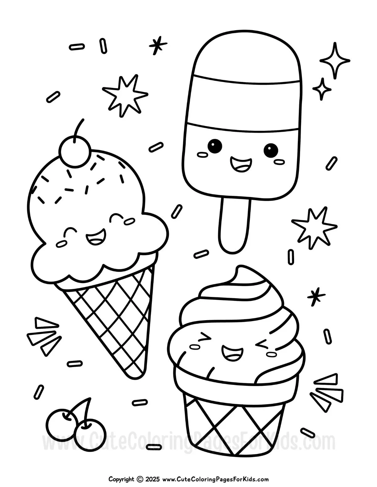 kawaii ice cream coloring page with three cute ice creams to color