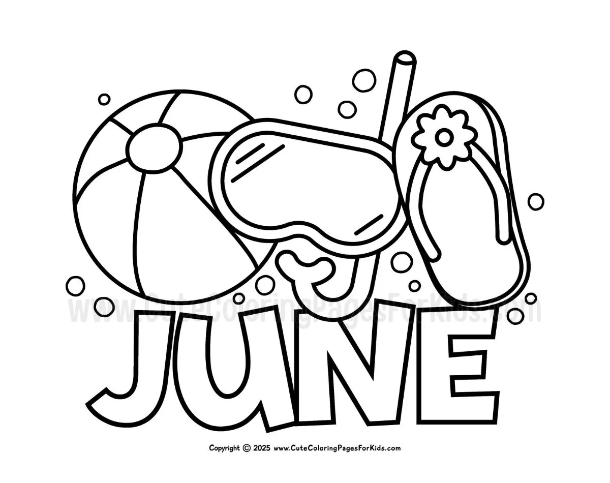 june coloring page with simple pool-themed elements like a beach ball, mask, and flip flops to color
