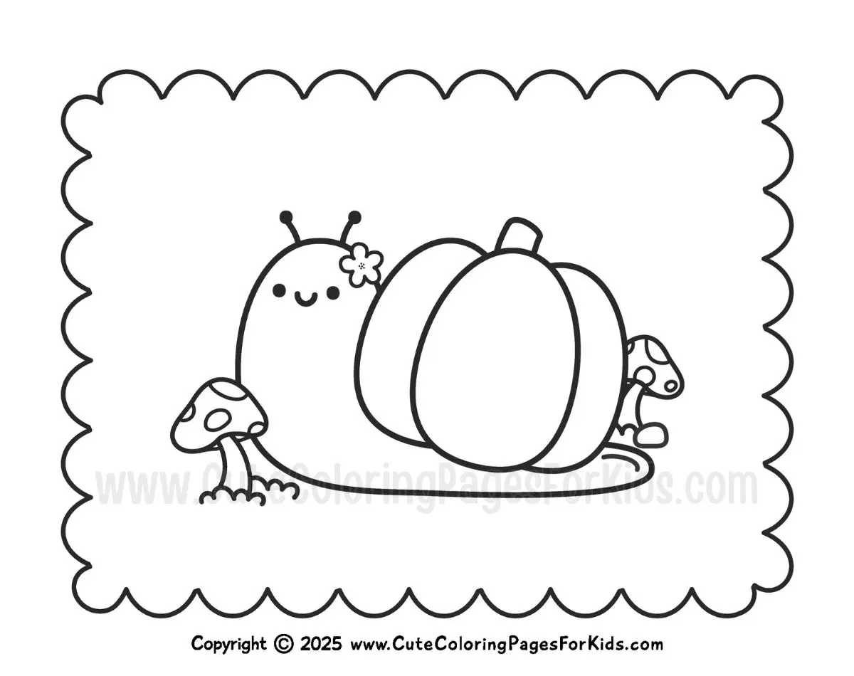 coloring page of a cute snail with a pumpkin on his back
