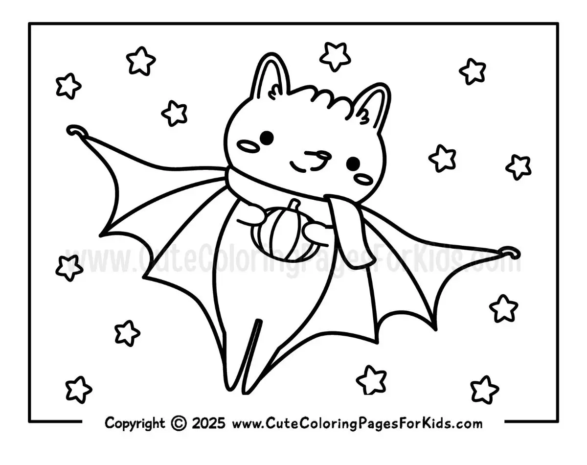 coloring page of a cute flying bat holding a pumpkin