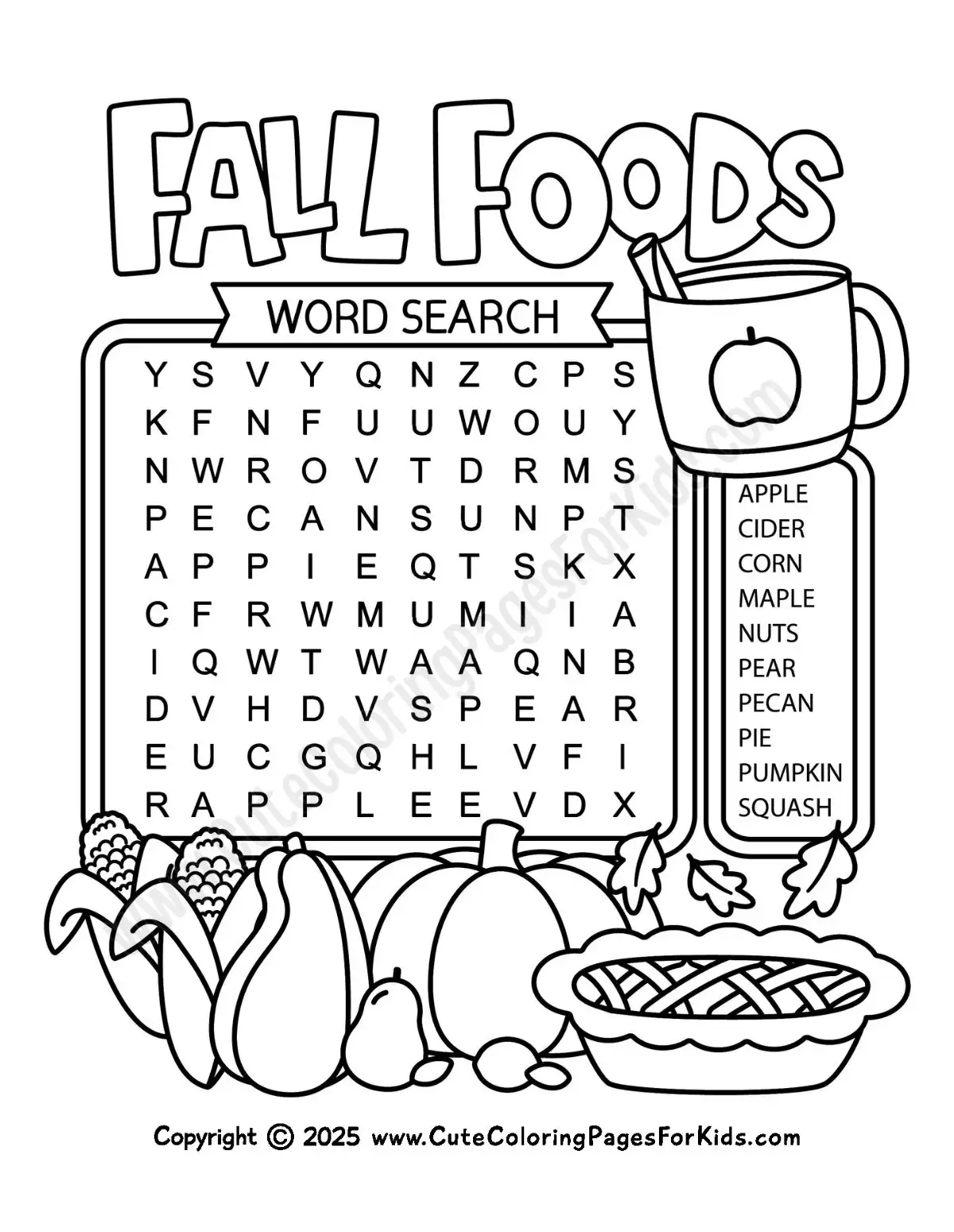 fall word search with 10 easy fall food words and simple illustrations of fall foods