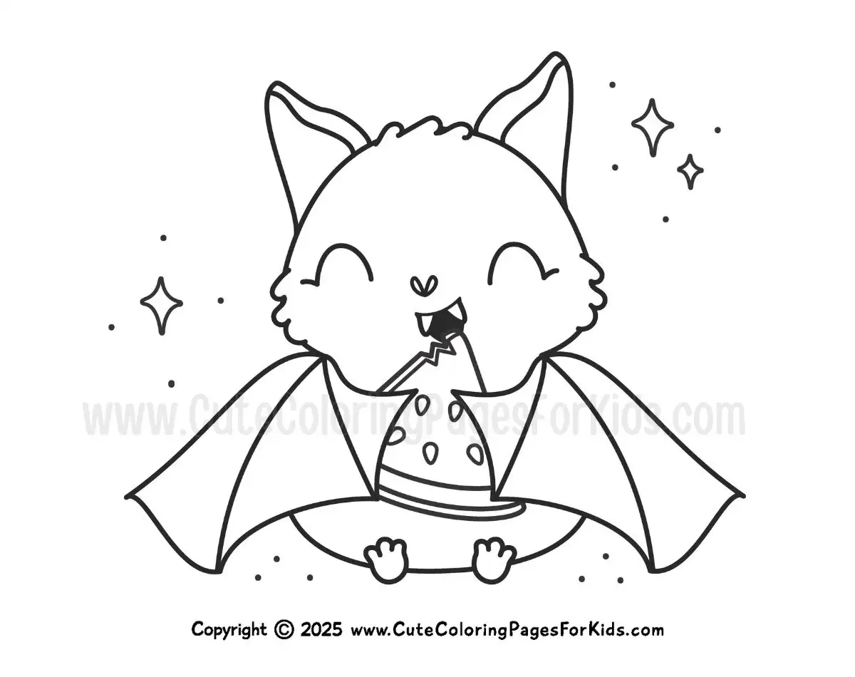 cute fruit bat eating watermelon coloring page