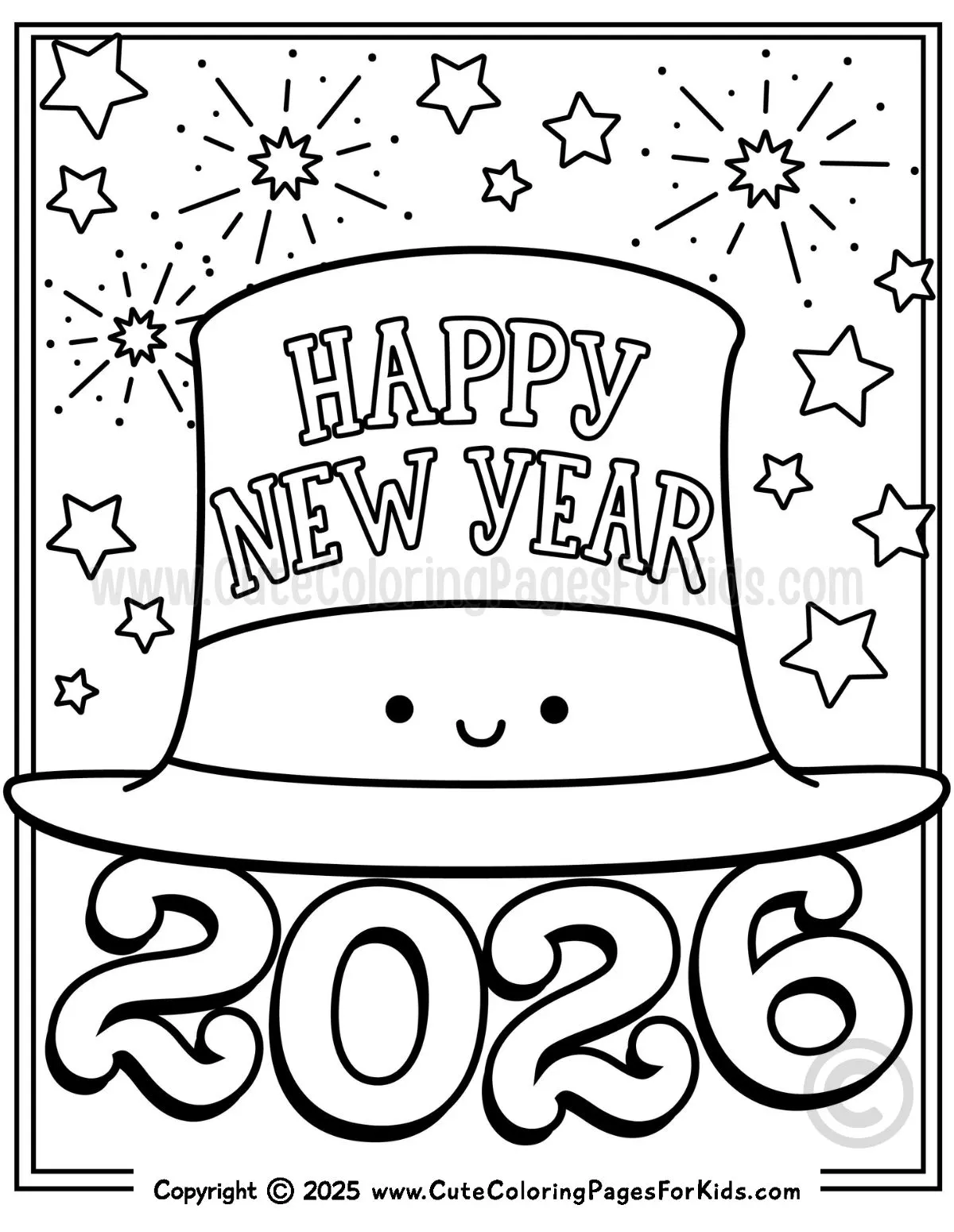 Happy new year coloring page with smiling top hat character and the year 2026.