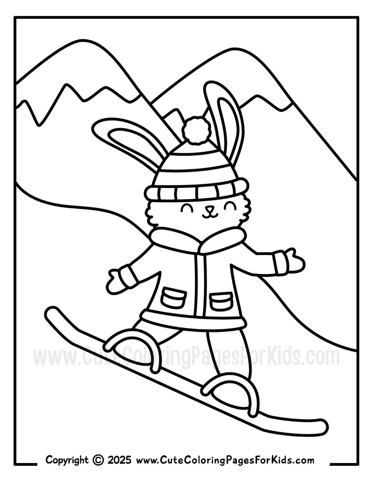 coloring page of a bunny snowboarding down a hill