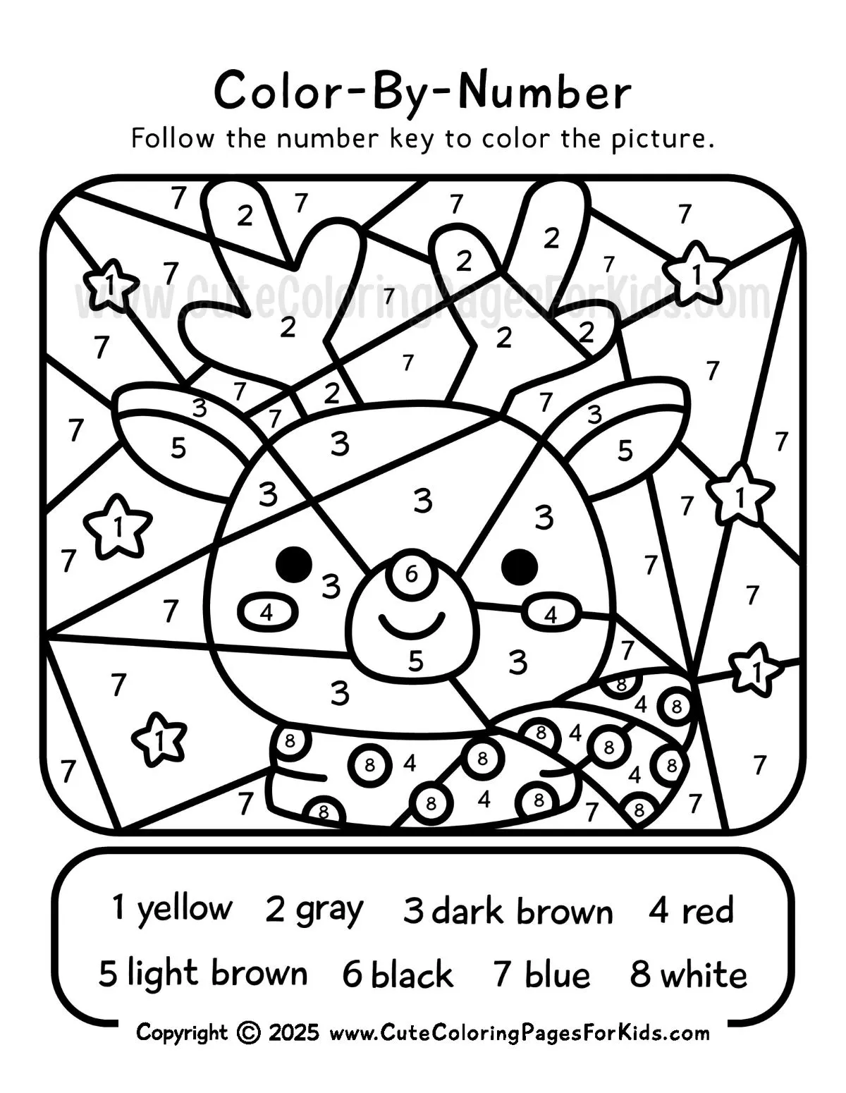 cute winter color by number sheet with image of reindeer wearing polka dot scarf