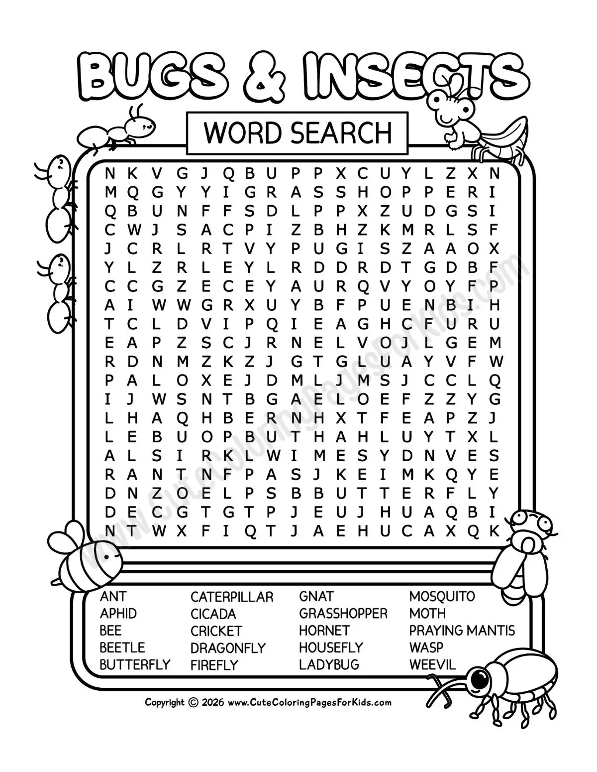 bugs and insects word search puzzle sheet with bug illustrations