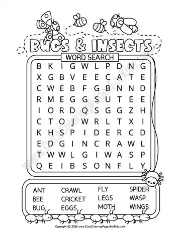 easy insect word search for kids with cute line drawing illustrations of bugs