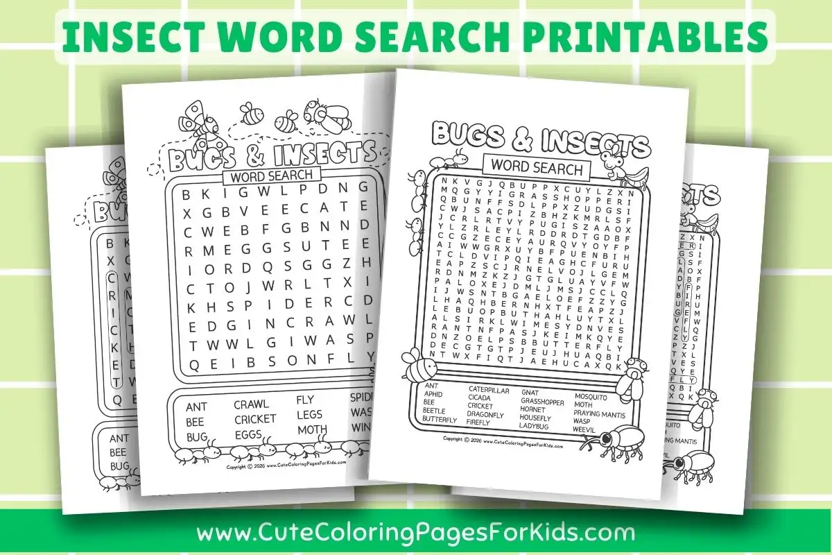 preview of free bugs and insects word search printables from cutecoloringpagesforkids.com