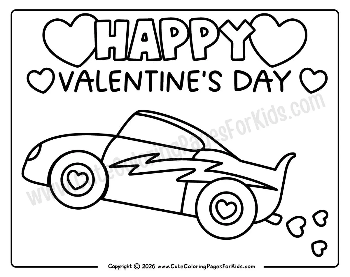Valentines Day race car coloring sheet