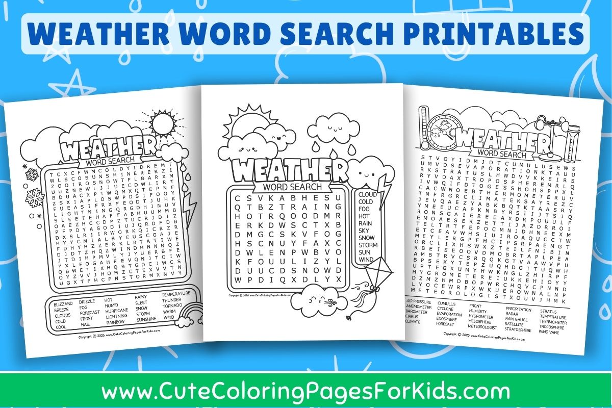 preview of free weather themed word search printables from cutecoloringpagesforkids.com