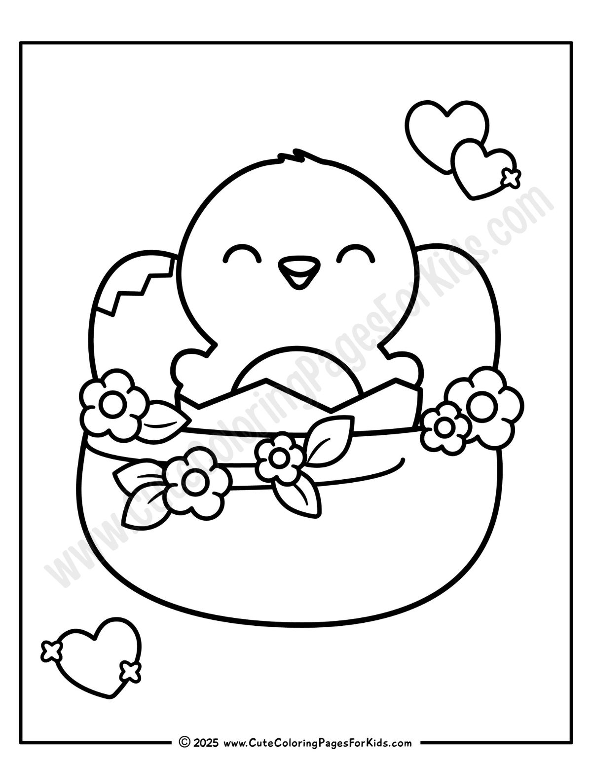 coloring page with hatching spring chick in a nest with flowers