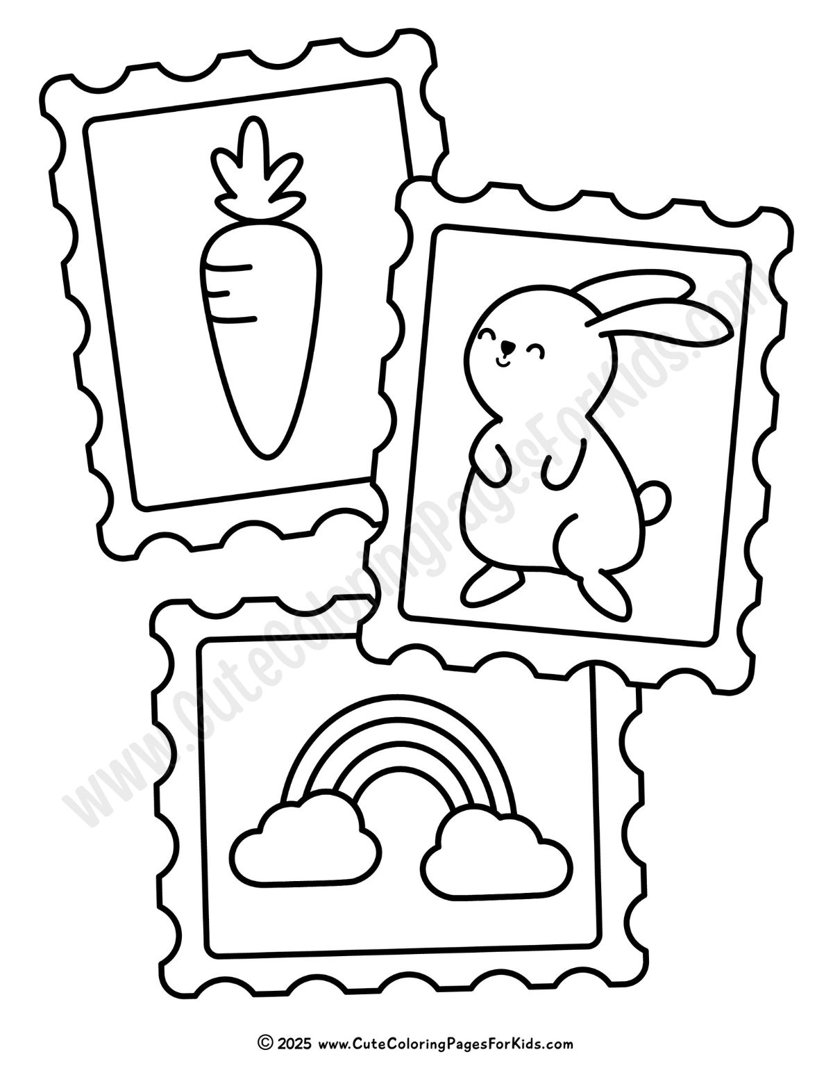 kids coloring page for spring with rabbit, carrot, and rainbow