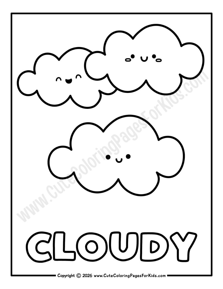 cloudy weather coloring page with picture of happy clouds