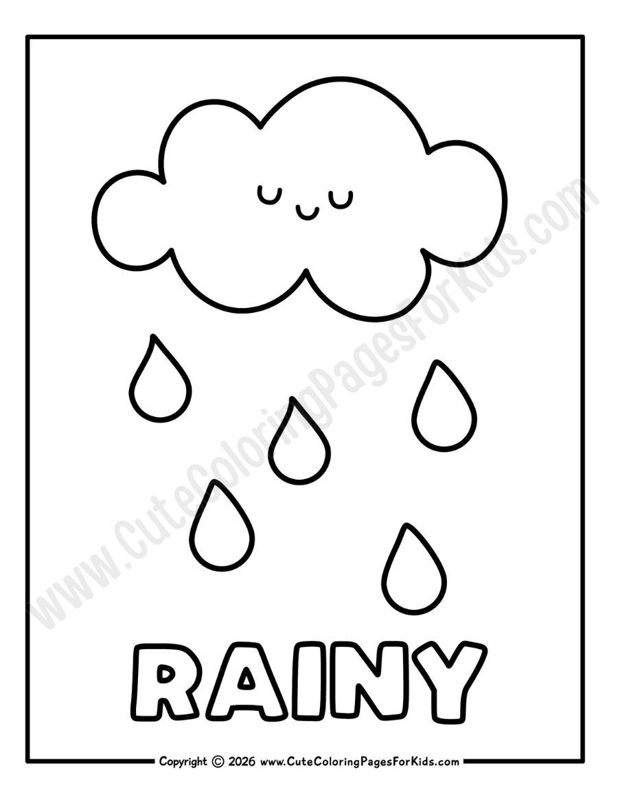 rainy weather coloring page with picture of a sleepy cloud and rain drops