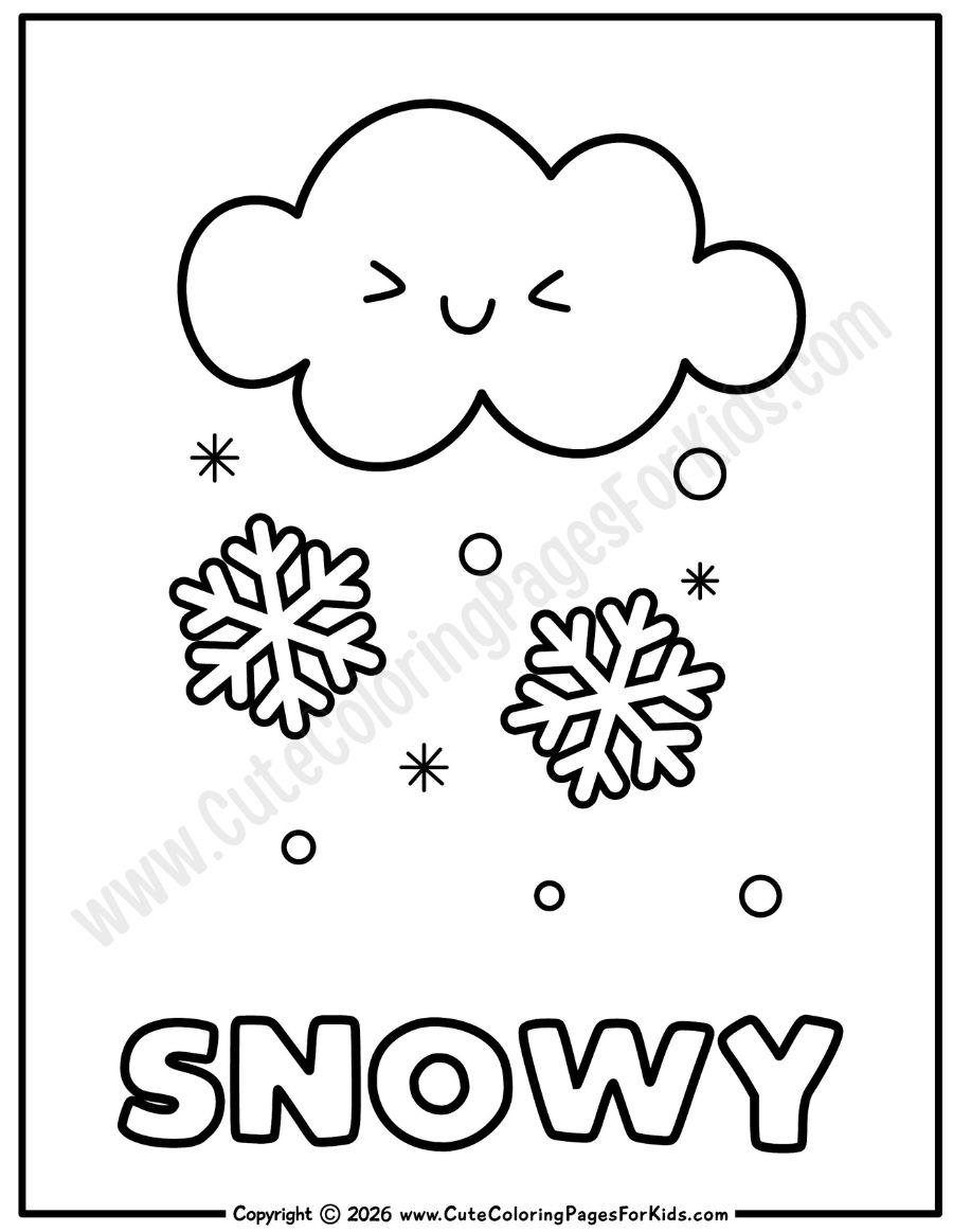 snowy weather coloring page with picture of a cloud and snowflakes
