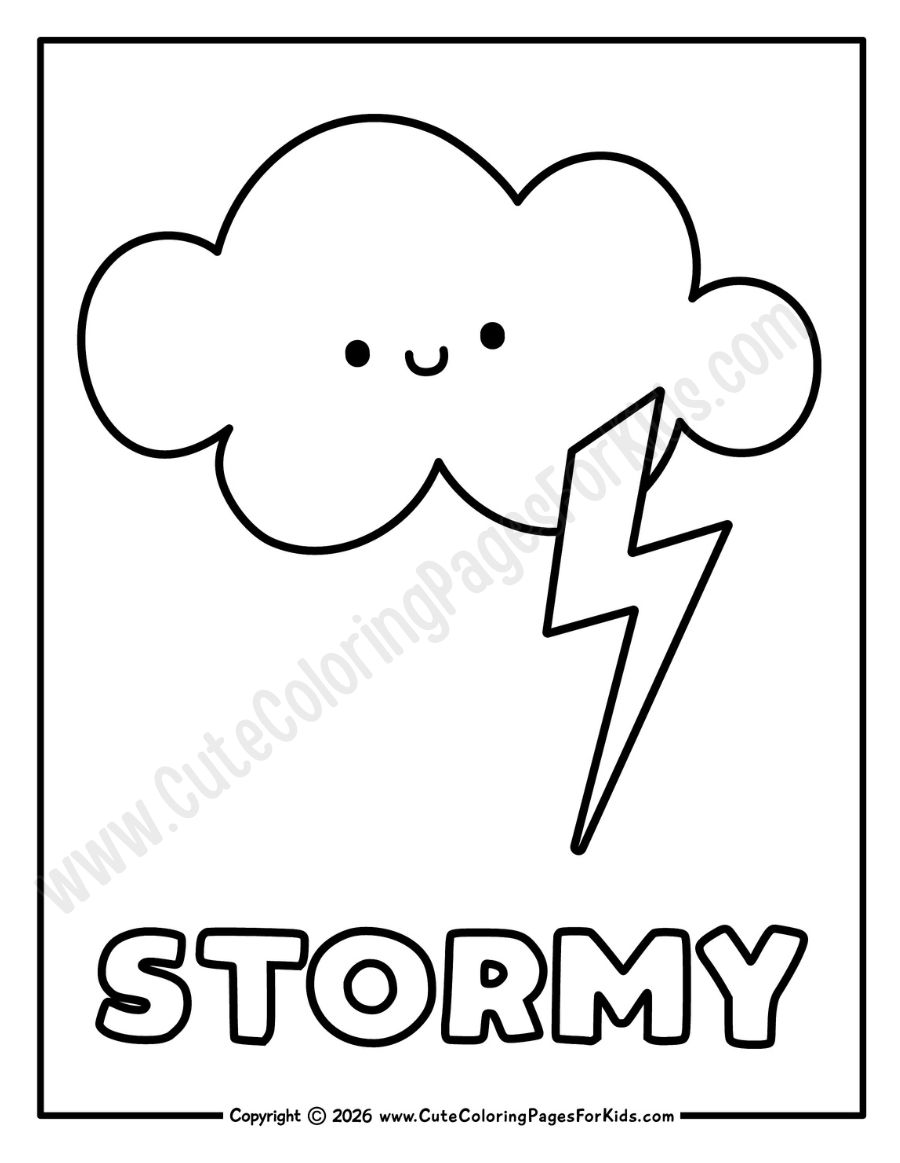 stormy weather coloring page with picture of a happy cloud and a lightning bolt
