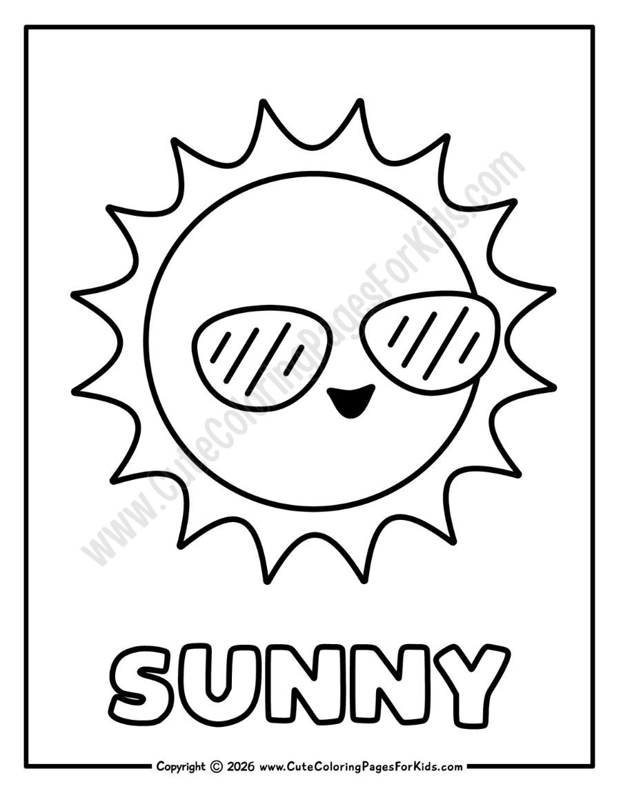 sunny weather coloring page with picture of a happy sunshine wearing sunglasses
