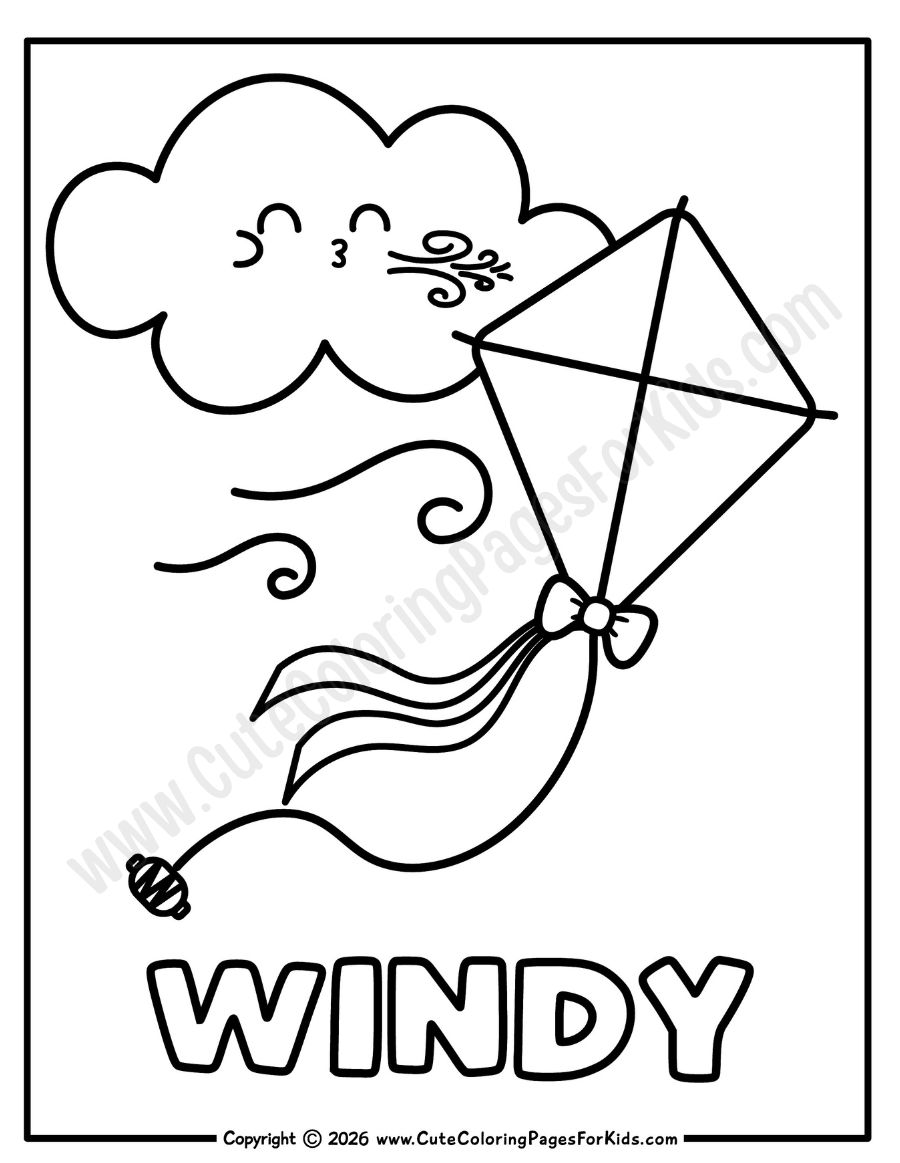 windy weather coloring page with picture of a cloud blowing a kite in the wind