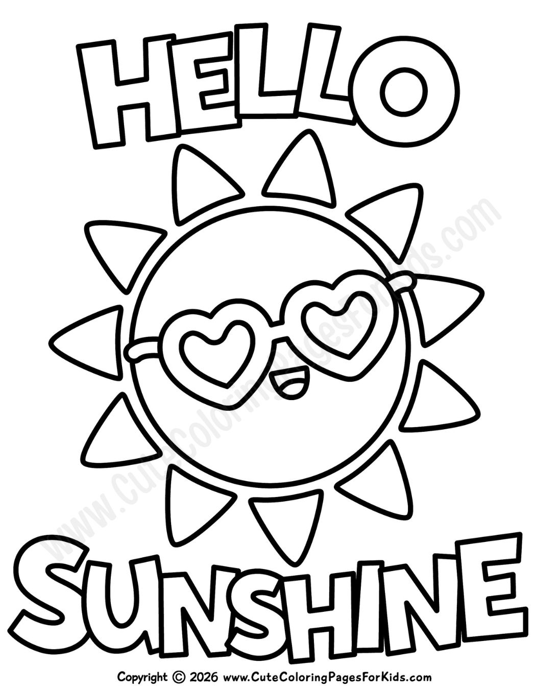 simple sunshine coloring sheet with the words "hello sunshine" and a happy sun wearing sunglasses