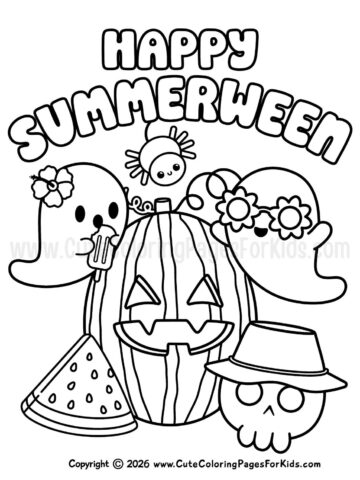 Happy Summerween coloring page with black and white line drawings of ghosts around a carved watermelon
