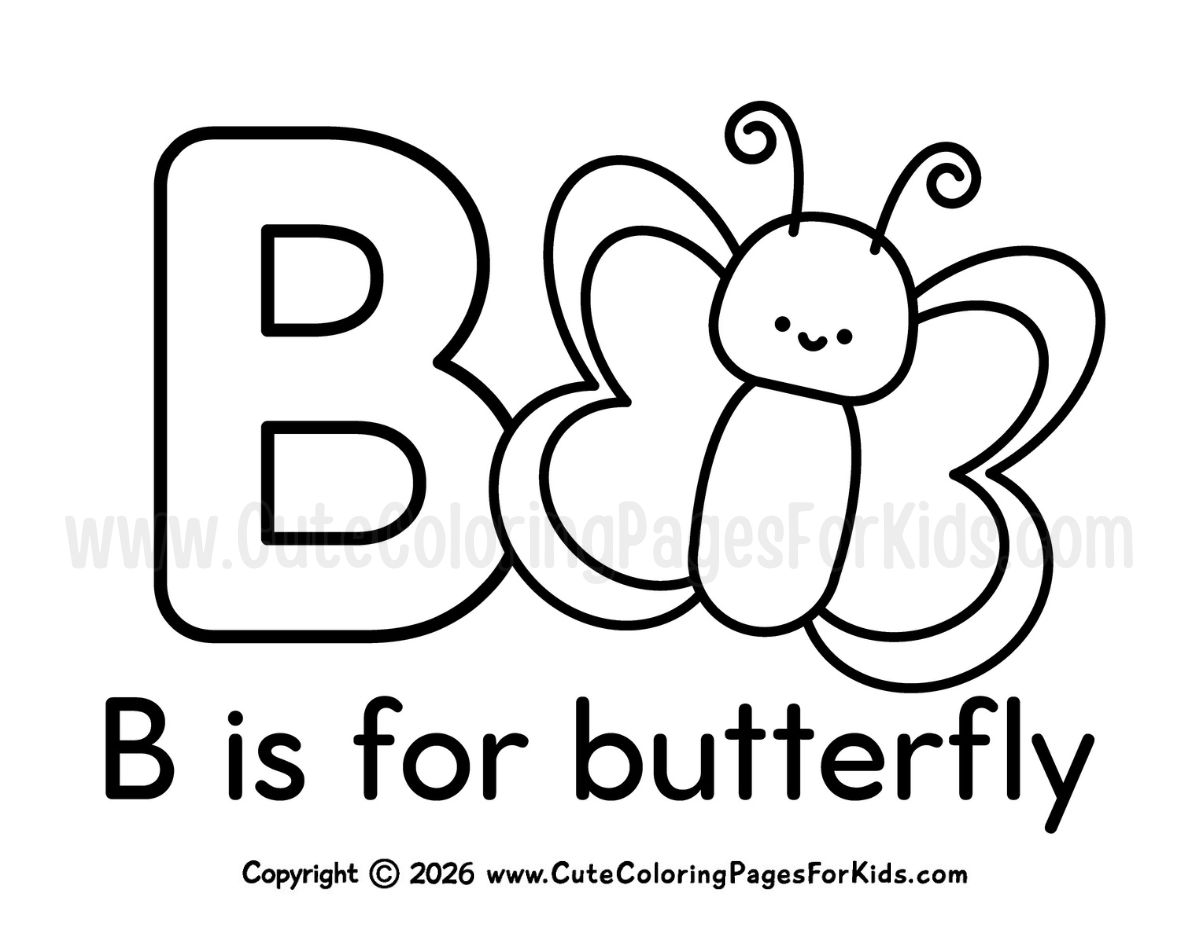 B is for butterfly coloring page with the letter B and a simple butterfly to color