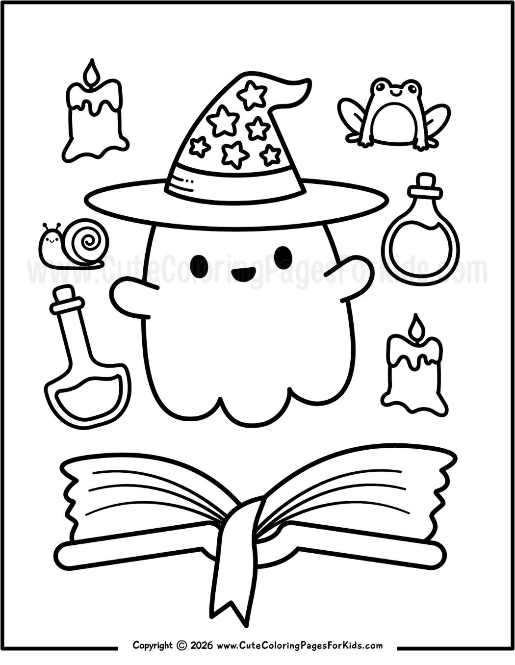 ghost coloring page with line drawing of cute ghost wearing a witch hat and spell ingredients floating around a book
