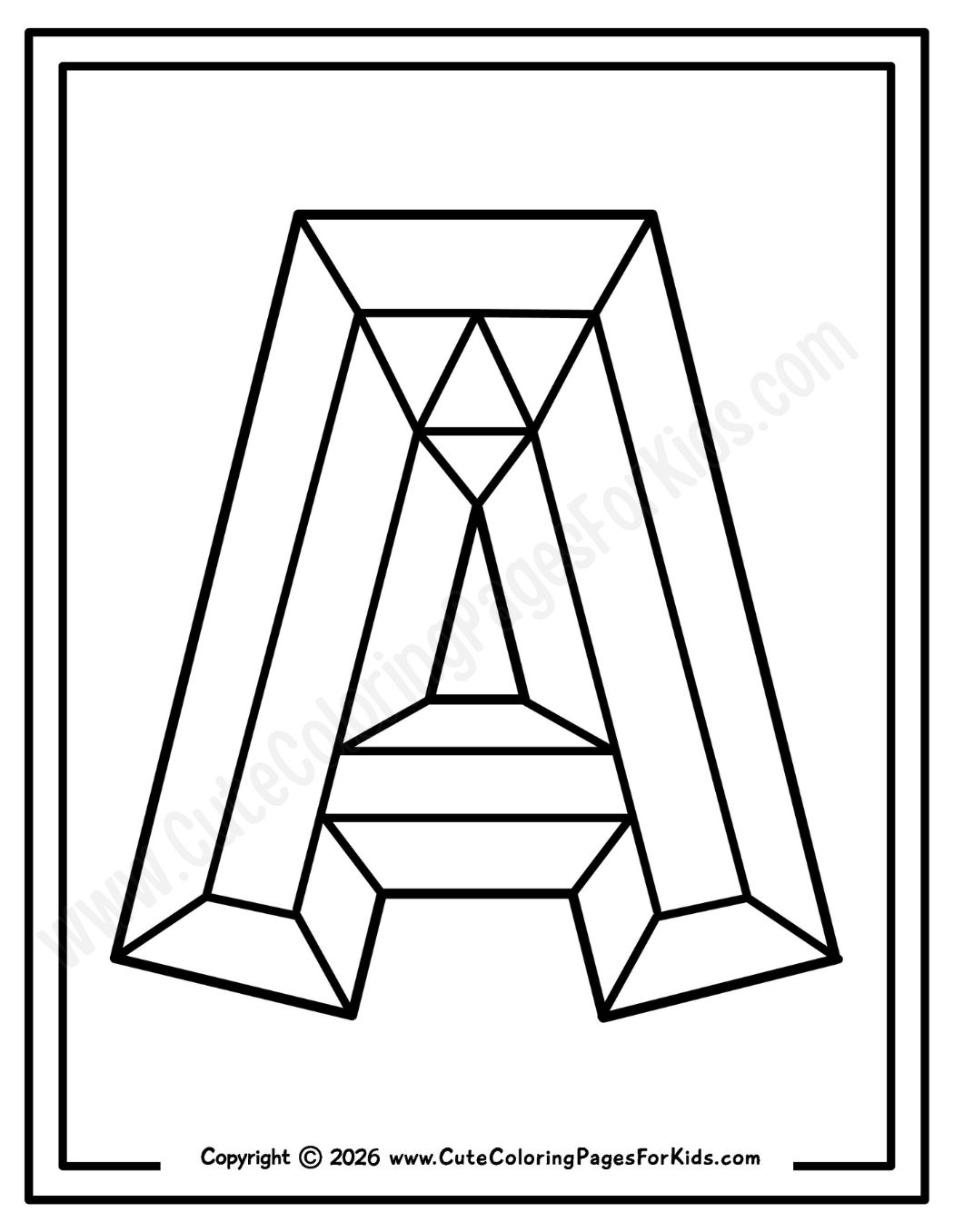 black and white line drawing of a faceted Letter A for kids to color