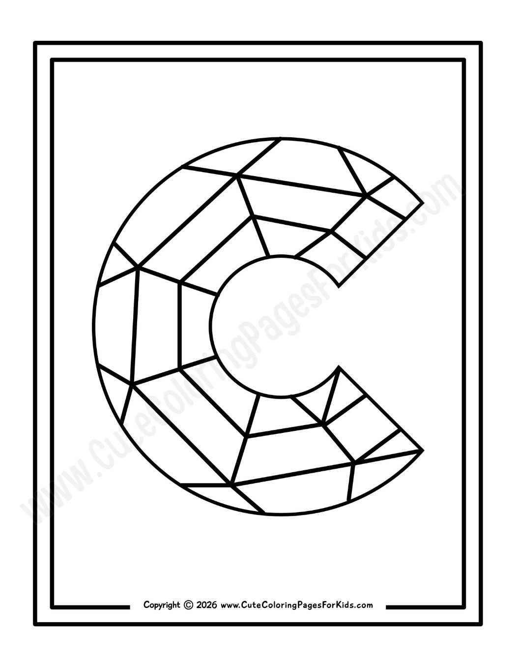 black and white line drawing of a faceted Letter C for kids to color