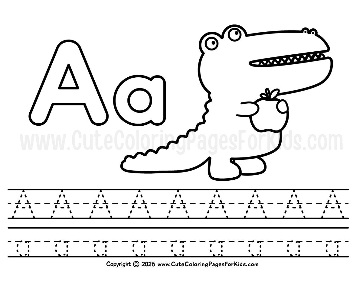 Letter A handwriting sheet with illustration of an alligator holding an apple to color