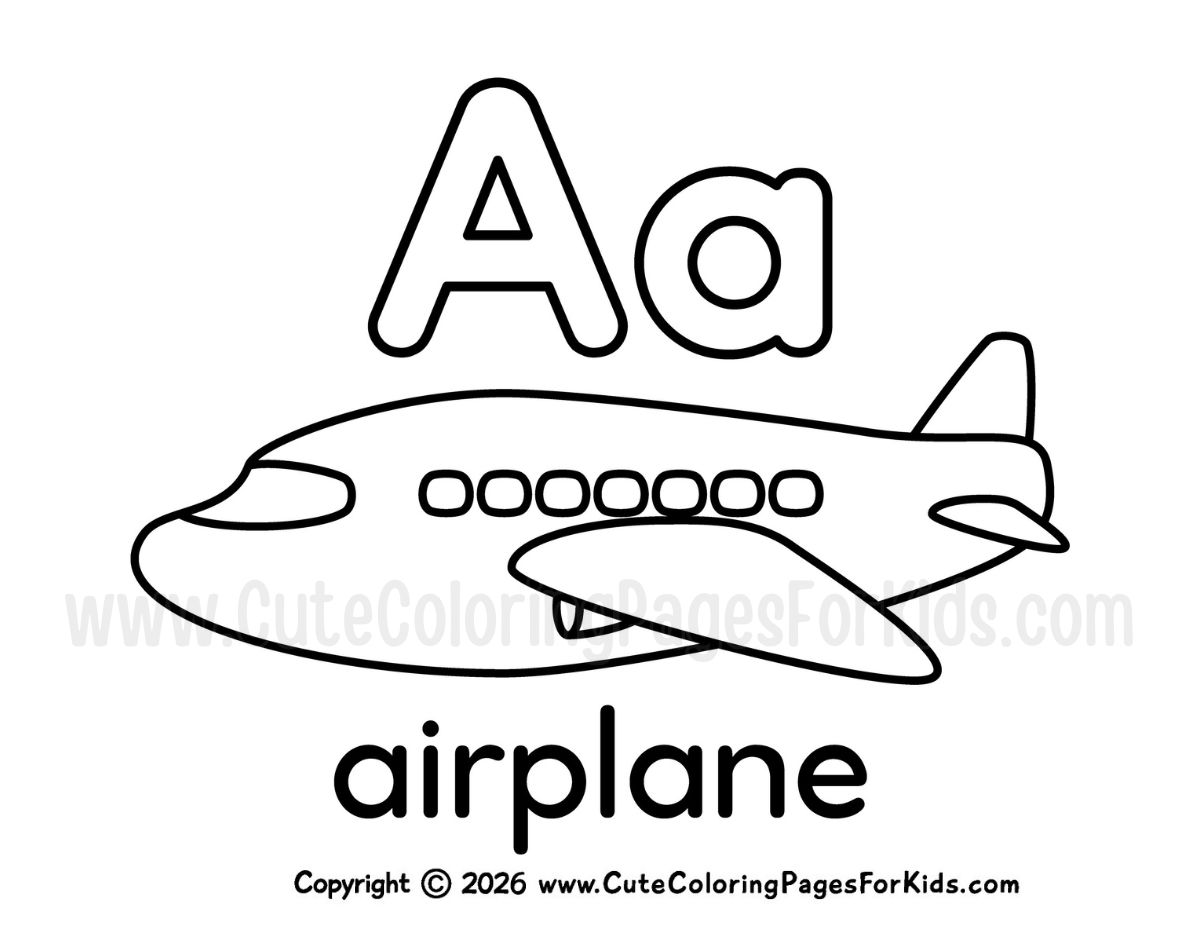 letter A coloring page with line drawing of airplane and upper and lowercase A to color with the word "airplane" at the bottom